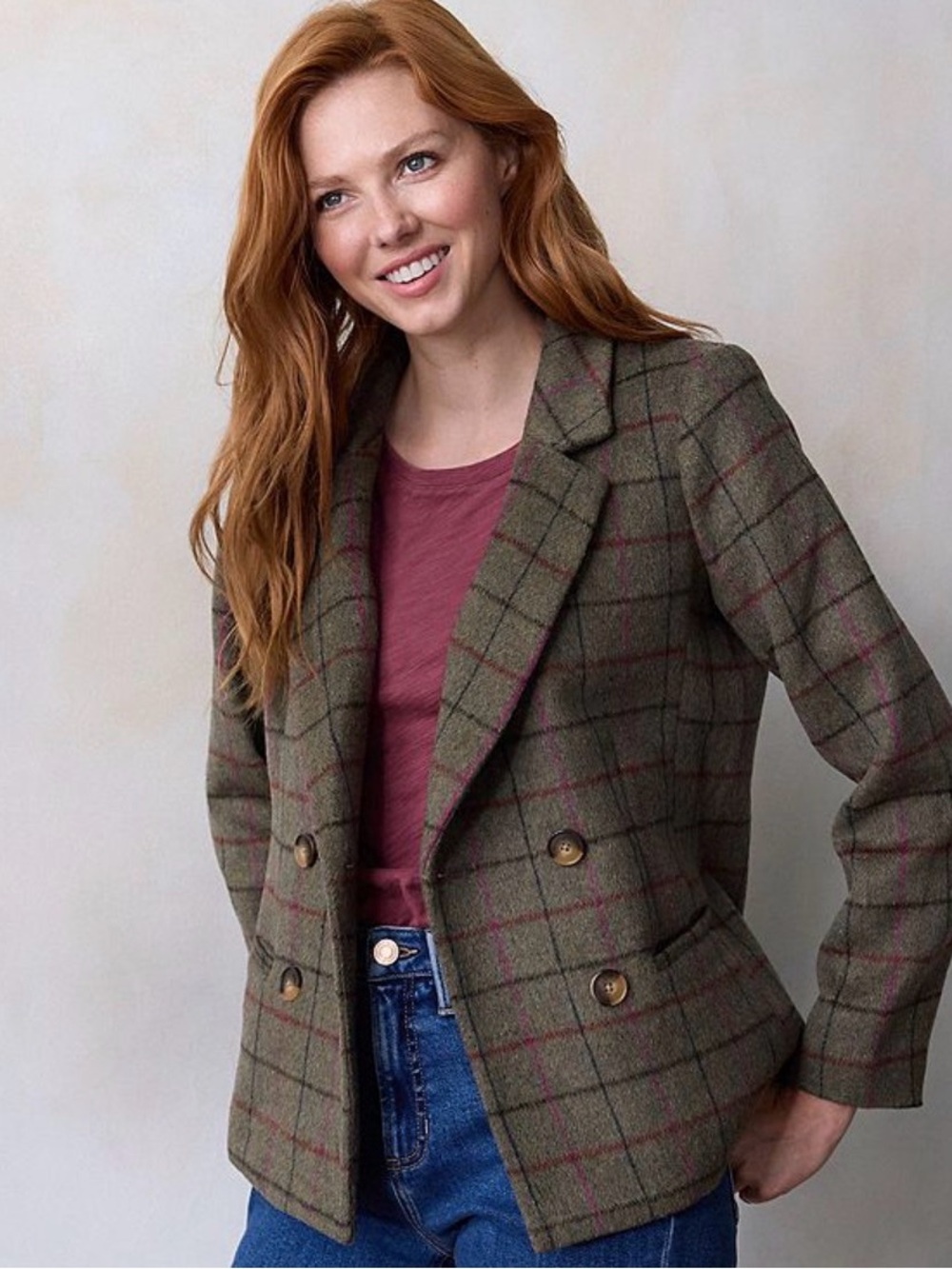 LC Lauren Conrad Olive Window Pane Plaid Double-Breasted Blazer